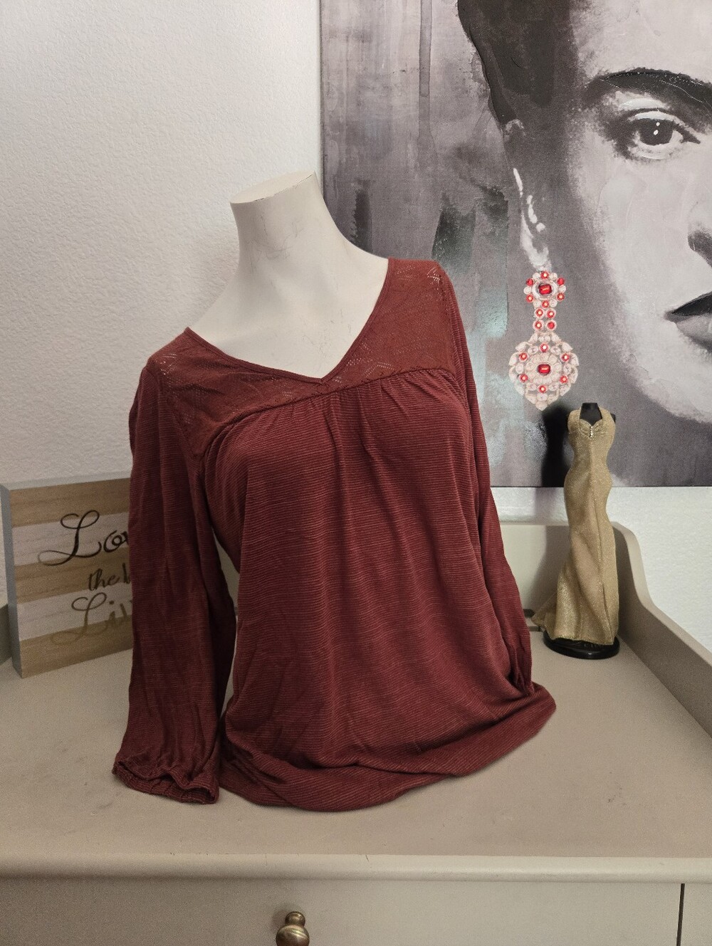 NWT Lucky Brand Women's V-Neck Long Sleeve Top in Rust Size Medium